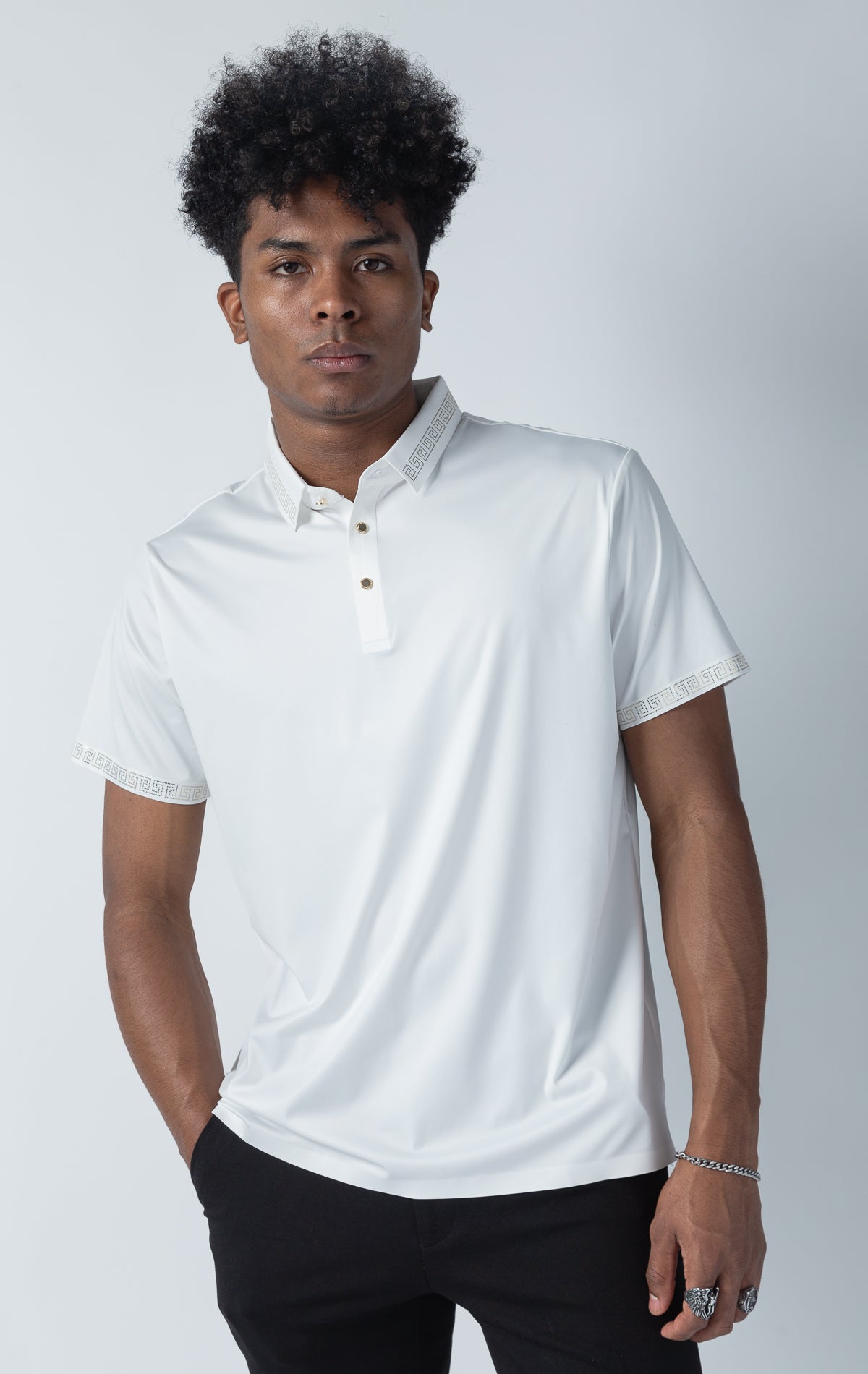 Greek key pattern luxury white polo shirts with the lines of rhinestone on the collar.