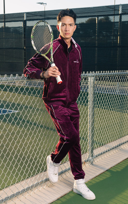 Wine premium velour tracksuit featuring a Sergio Tacchini logo embroidered