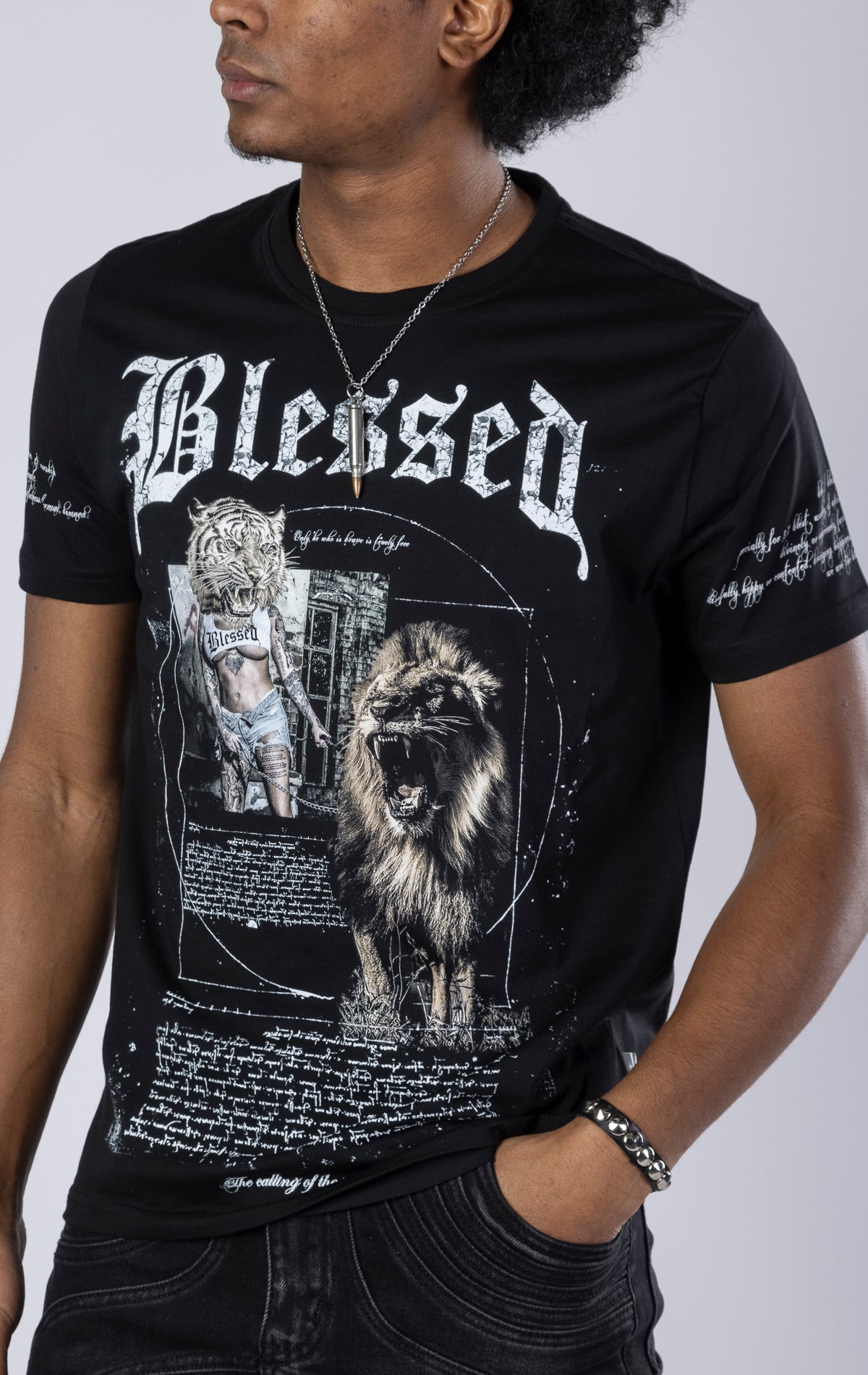 Calling of the Wild Crewneck Tee. Features a soft-touch digital print of nature-inspired imagery on the front and sleeves. Made from 100% 190gsm mid-weight cotton jersey.