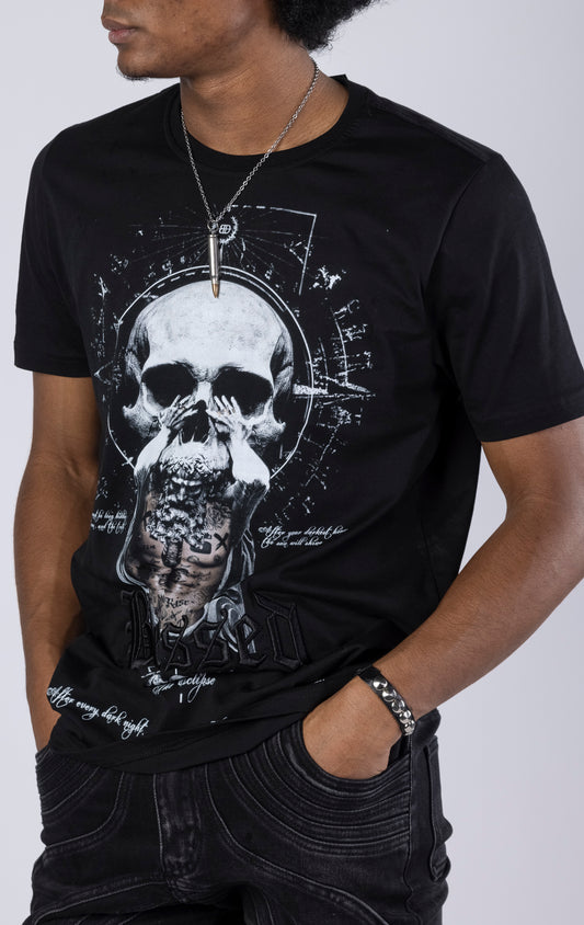 Blessed Eclipse Crewneck Tee. Features a soft-touch digital eclipse print, 3D embroidered "blessed" detail, and a woven "blessed" tab. Made from 100% 190gsm mid-weight cotton jersey.