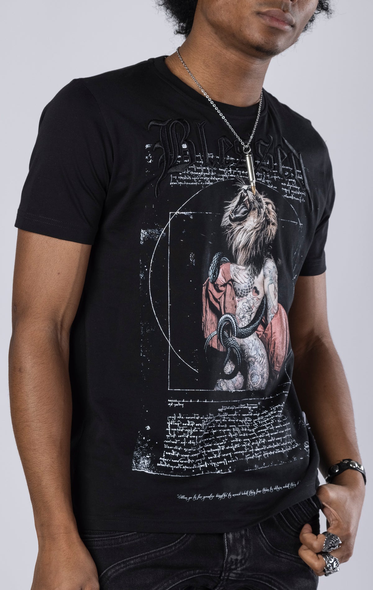 Wild Davinci Crewneck Tee. Features a soft-touch digital print inspired by Leonardo da Vinci. Made from 100% 190gsm mid-weight cotton jersey
