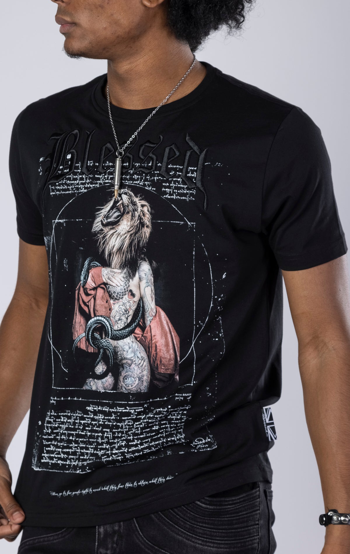 Wild Davinci Crewneck Tee. Features a soft-touch digital print inspired by Leonardo da Vinci. Made from 100% 190gsm mid-weight cotton jersey
