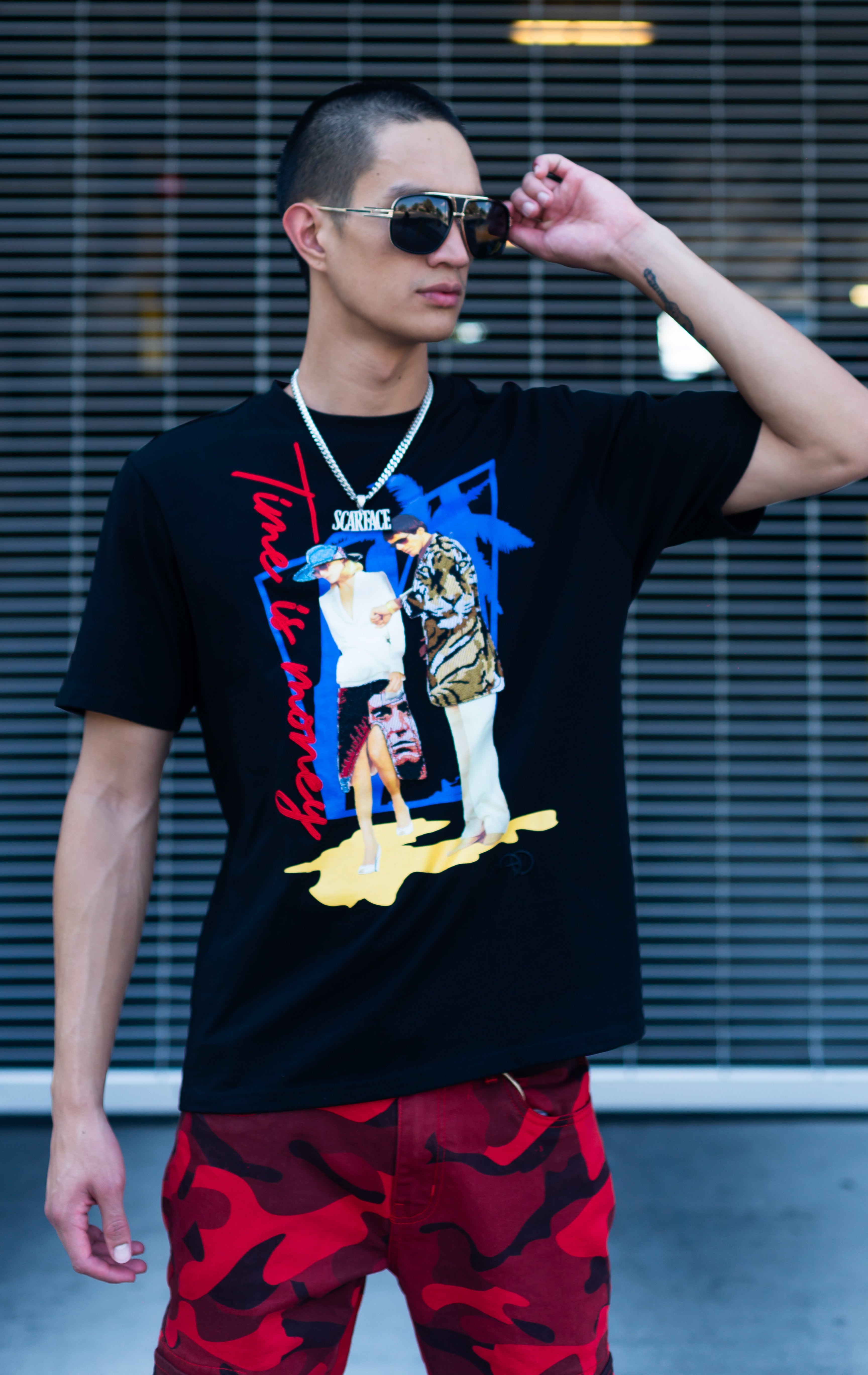 Time is money black t shirt with Scarface graphics.