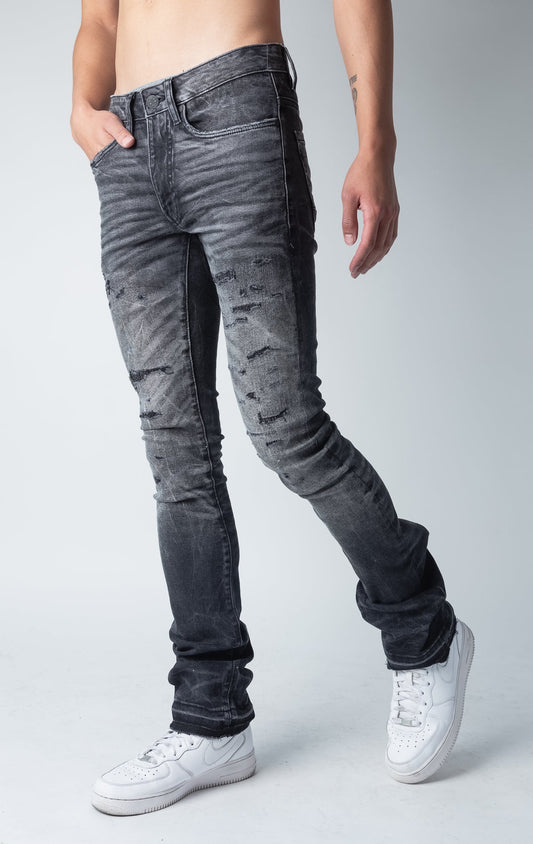 black shadow jeans with 3D wrinkles, rip and repair design