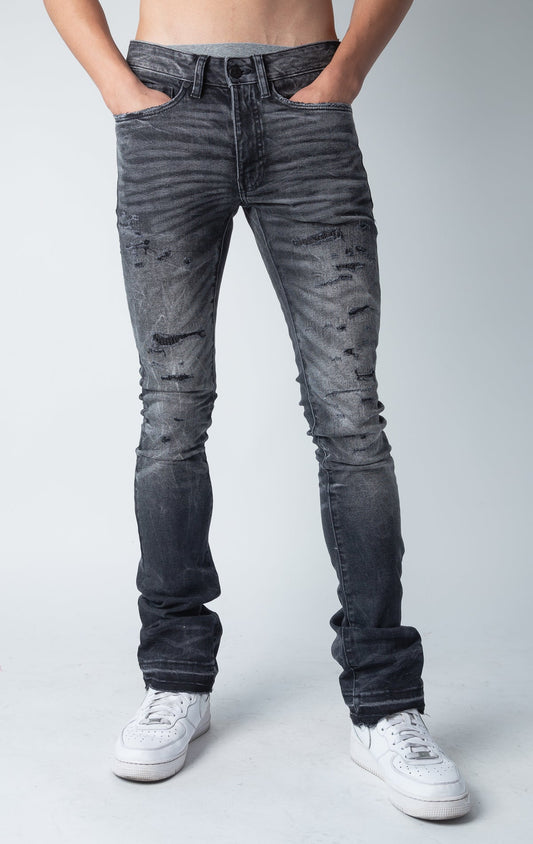 black shadow jeans with 3D wrinkles, rip and repair design