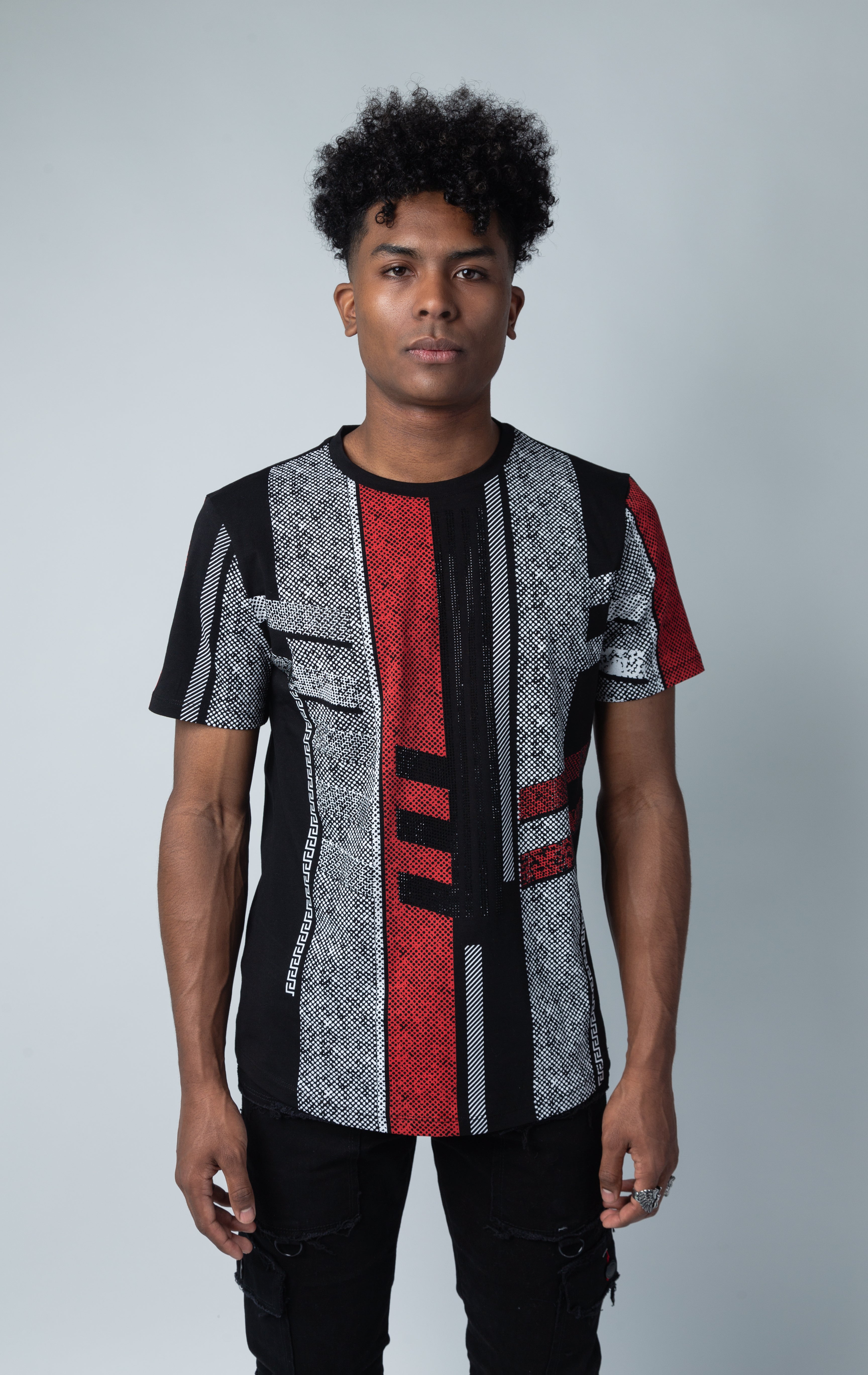 Black t-shirt with red and white pattern and rhinestone design.