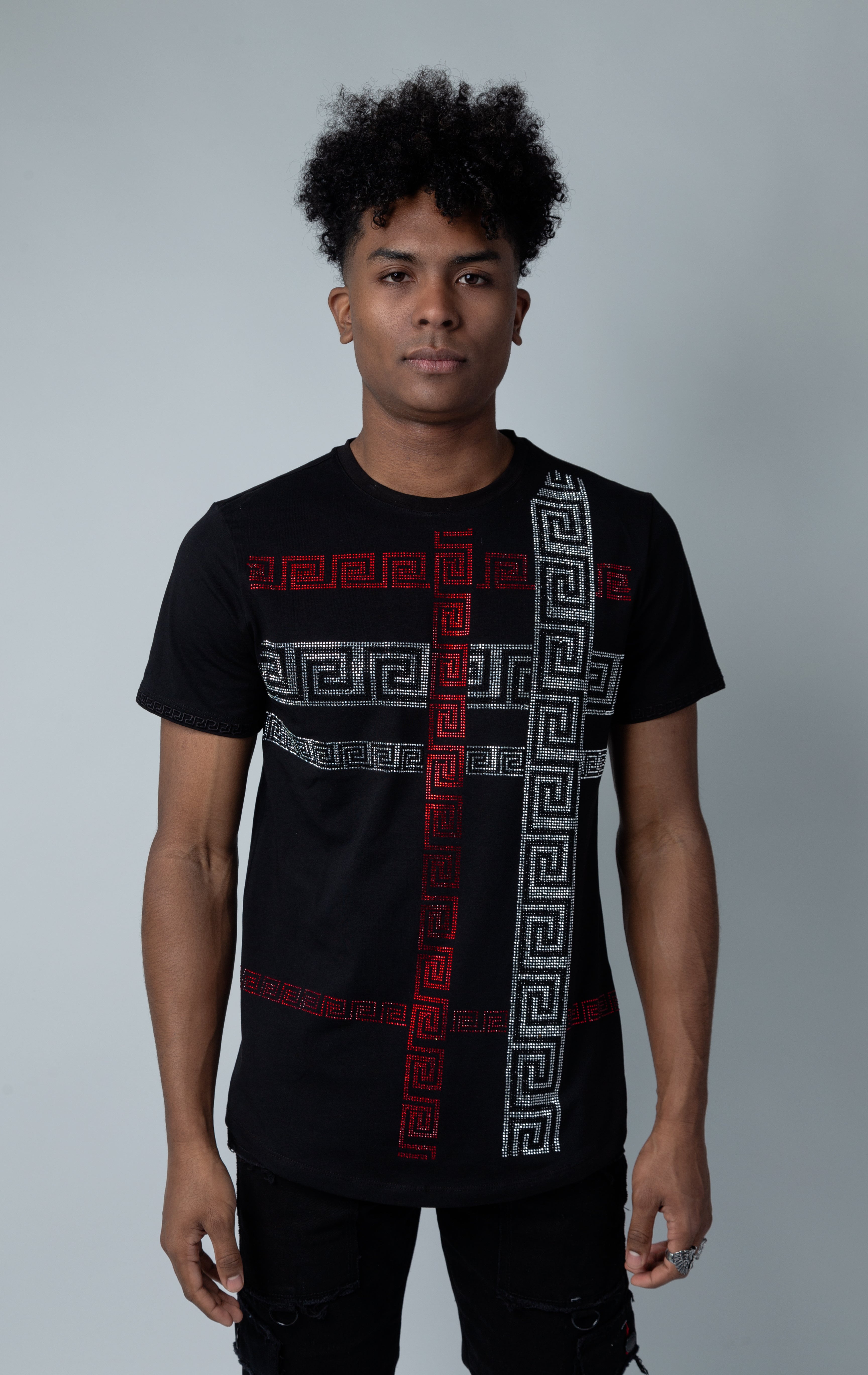 Men's t-shirt with rhinestone design in red and sliver