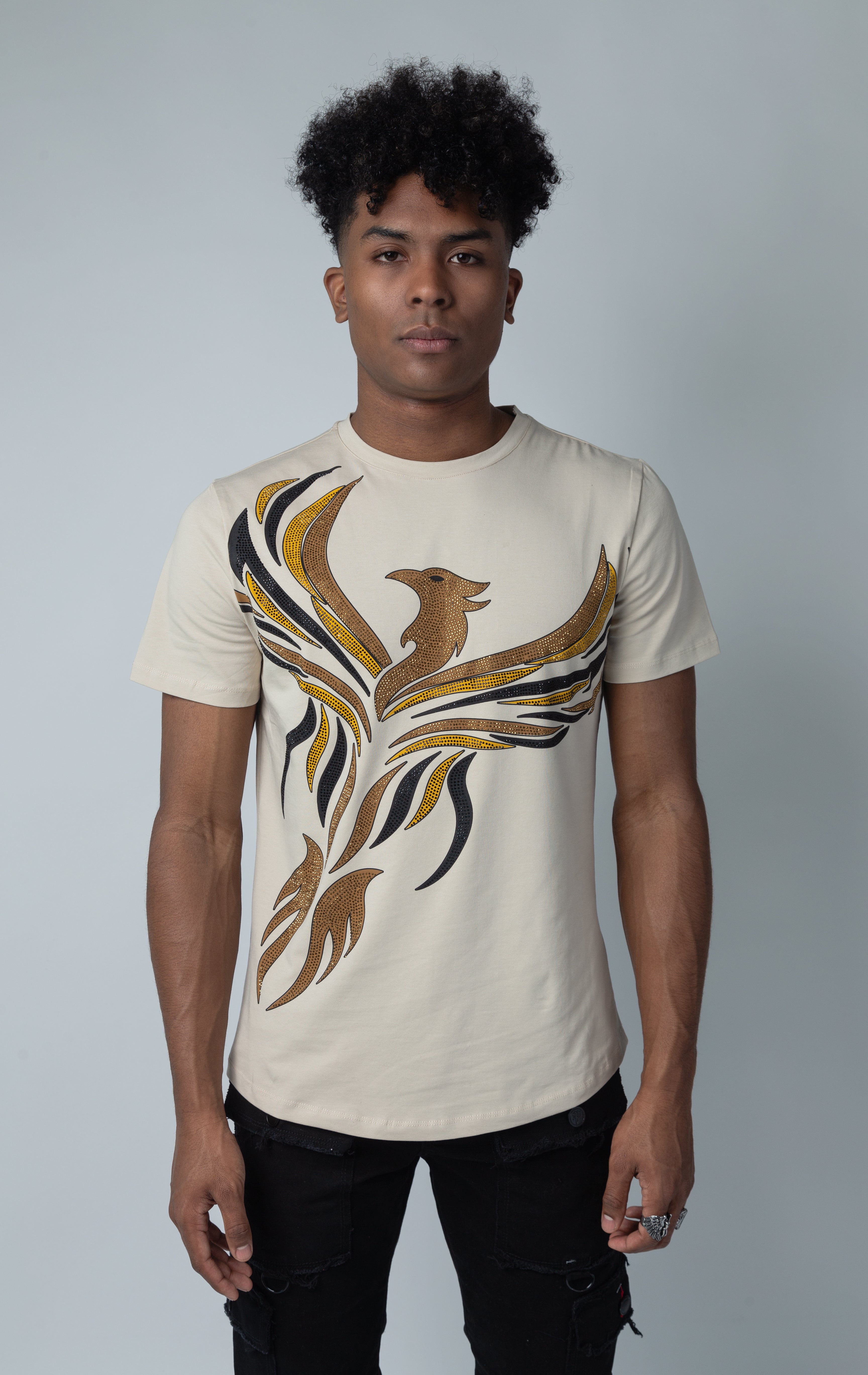All over eagle rhinestone design t-shirt in beige