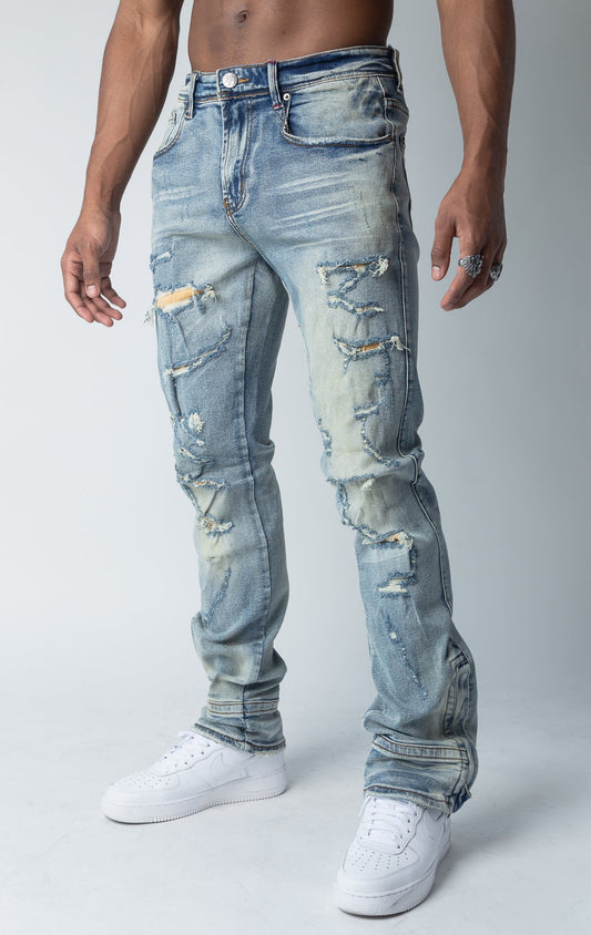 Indigo Corduroy Detailed Semi-Stacked Denim Jean