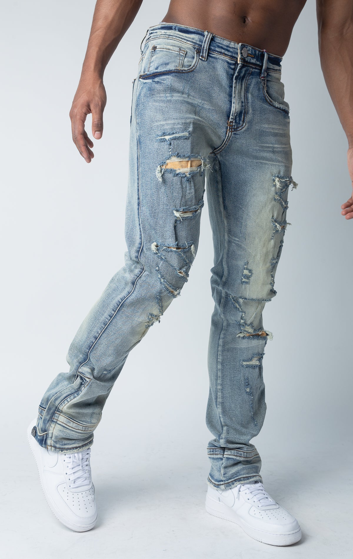 Indigo Corduroy Detailed Semi-Stacked Denim Jean