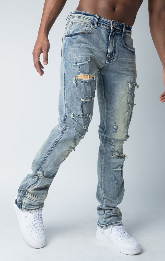 Indigo Corduroy Detailed Semi-Stacked Denim Jean