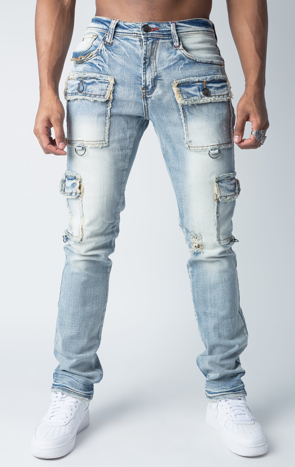 Slim Fit Indigo Denim Cargo Jeans