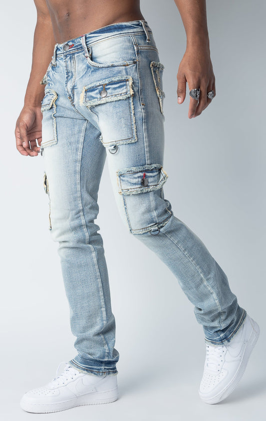 Slim Fit Indigo Denim Cargo Jeans