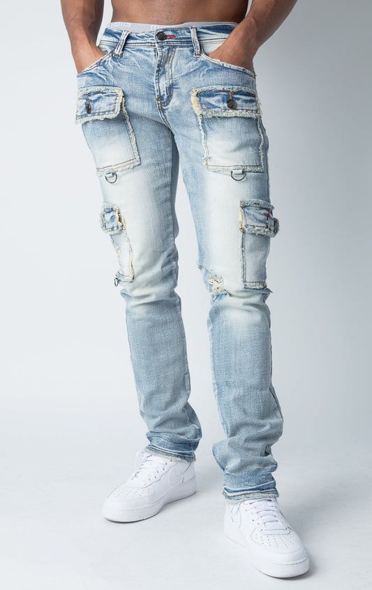 Slim Fit Indigo Denim Cargo Jeans