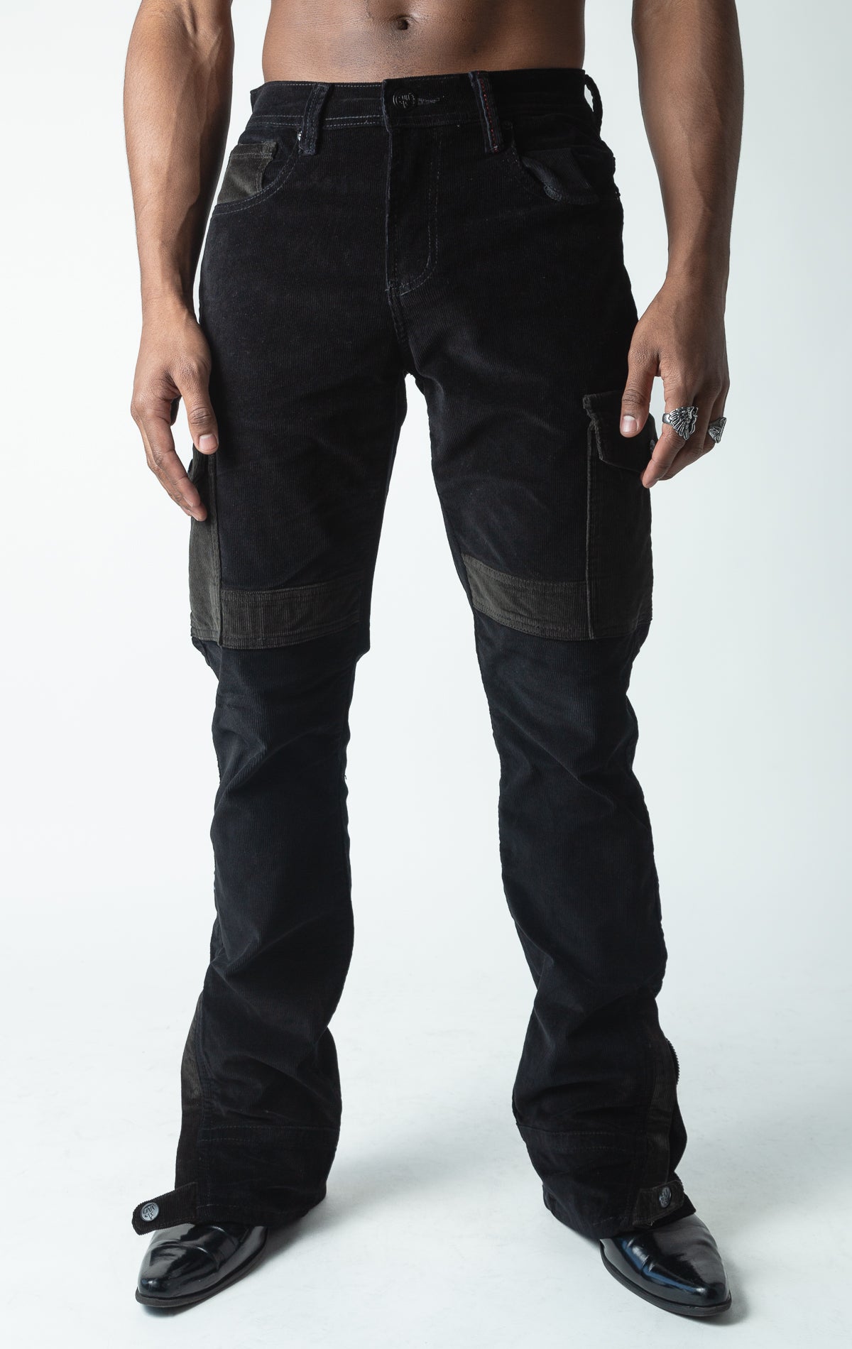 black corduroy semi-stacked flare jeans