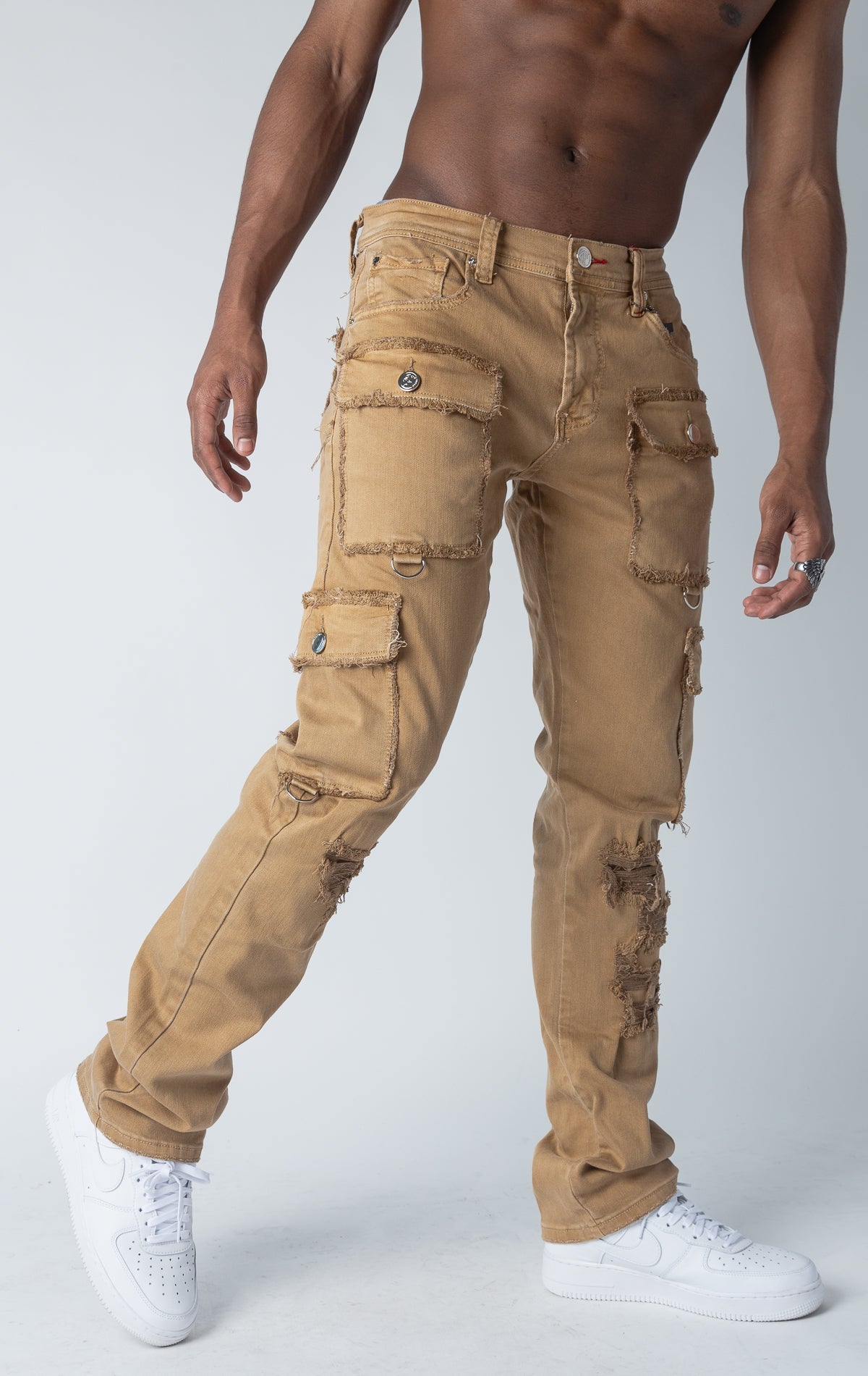 khaki Semi-Stacked Cargo Denim Jean