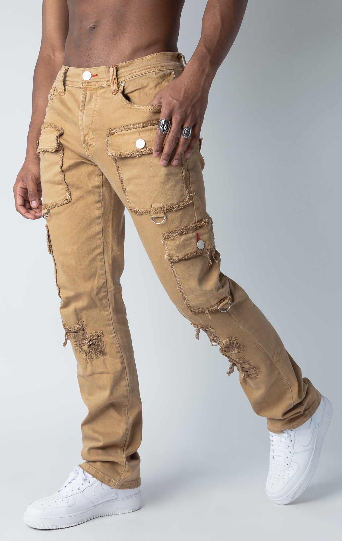 khaki Semi-Stacked Cargo Denim Jean