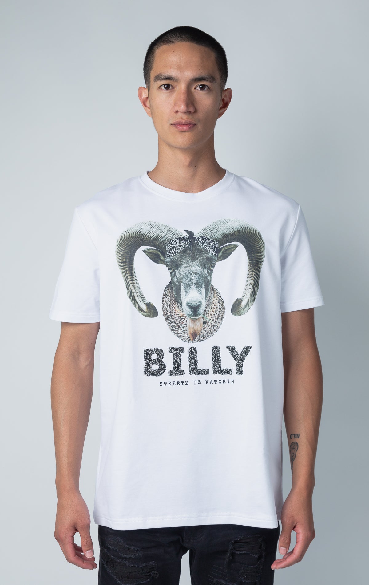 White Billy short sleeve, crewneck collar T-shirt with goat graphic