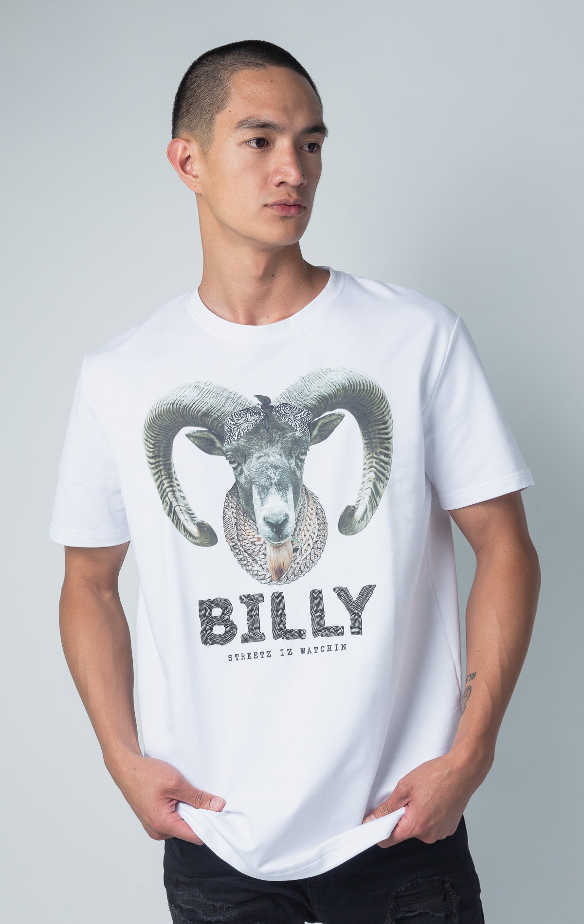 White Billy short sleeve, crewneck collar T-shirt with goat graphic