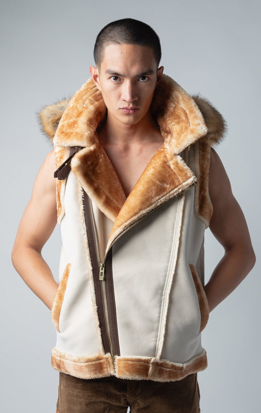 Sherpa-Lined Faux Suede Vest sand color