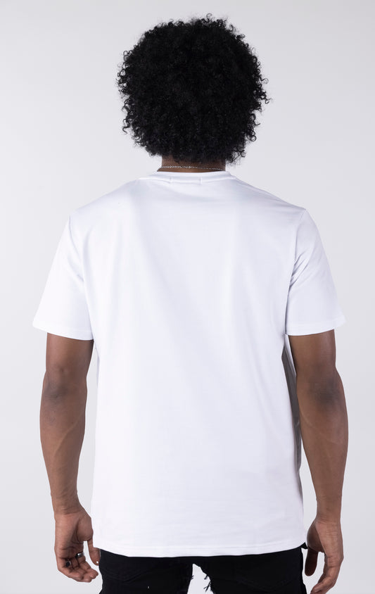 Person wearing a plain white t-shirt on a white background