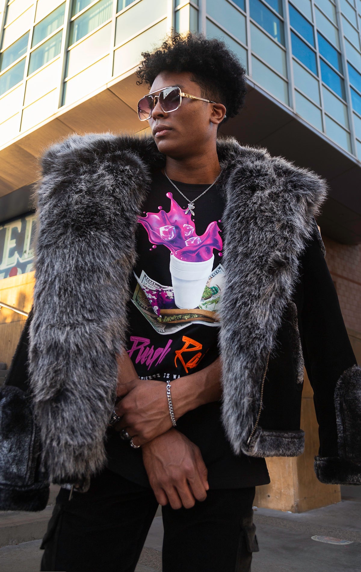 Black faux fur moto jacket