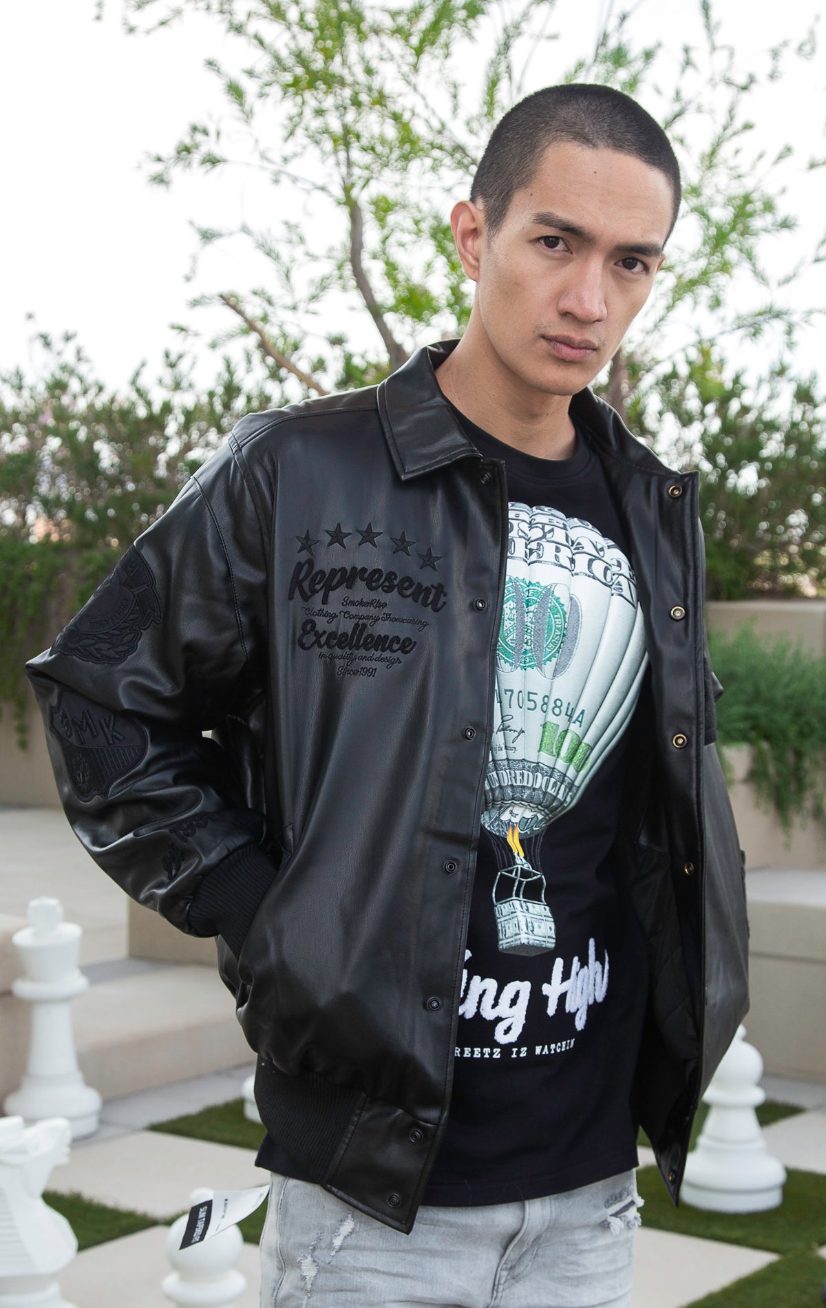 All leather jacket with embroidered knit cuffs and waistband