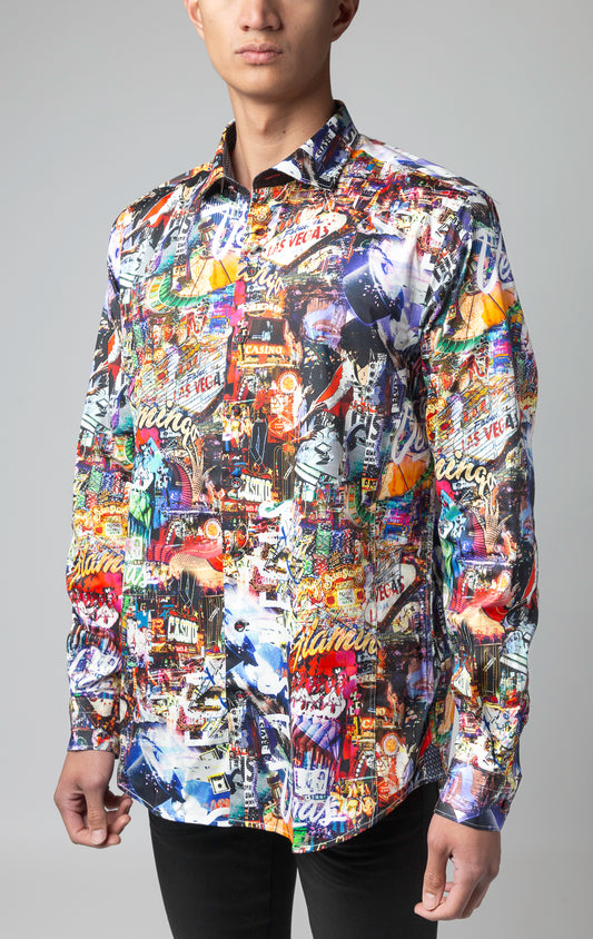 Men's casual dress shirt with contrasting patterns, multiple embroidery details, and elegant ceramic buttons, made of 98% cotton and 2% Spandex.