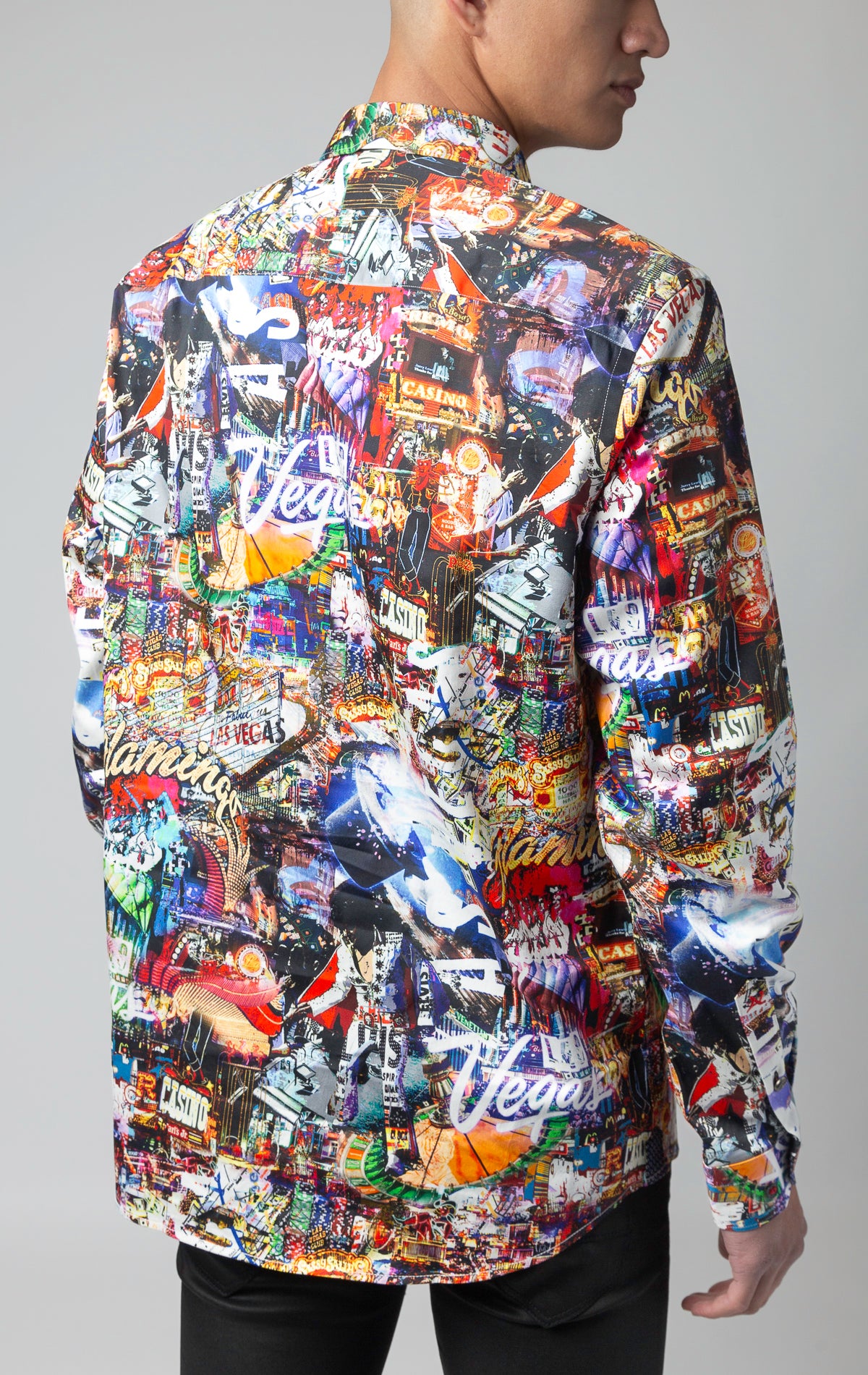 Men's casual dress shirt with contrasting patterns, multiple embroidery details, and elegant ceramic buttons, made of 98% cotton and 2% Spandex.