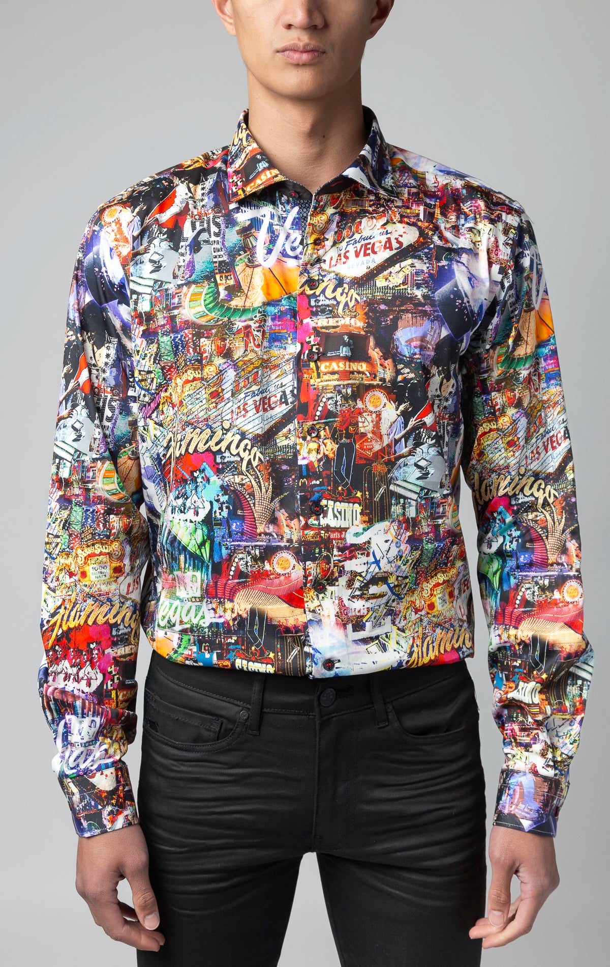 Men's casual dress shirt with contrasting patterns, multiple embroidery details, and elegant ceramic buttons, made of 98% cotton and 2% Spandex.