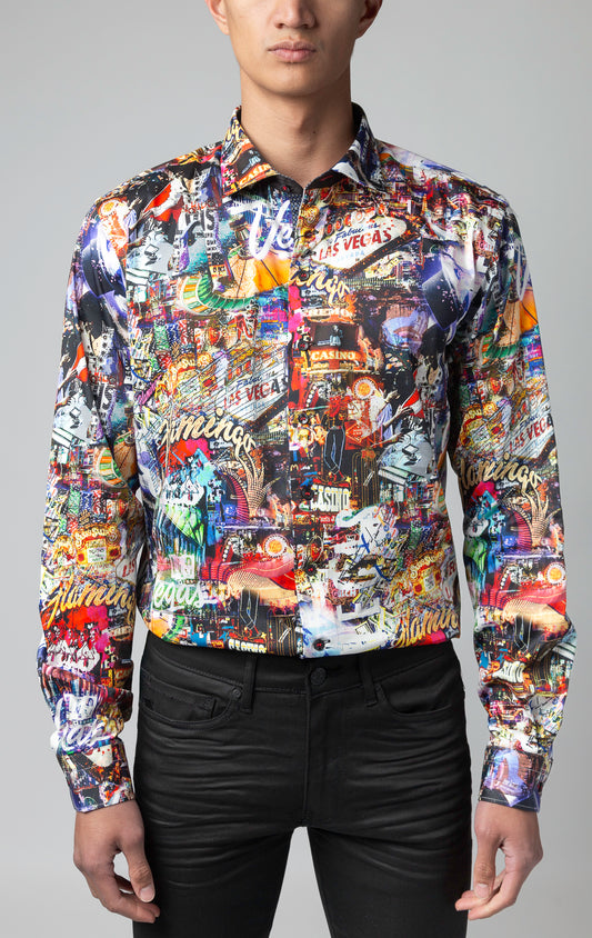 Men's casual dress shirt with contrasting patterns, multiple embroidery details, and elegant ceramic buttons, made of 98% cotton and 2% Spandex.