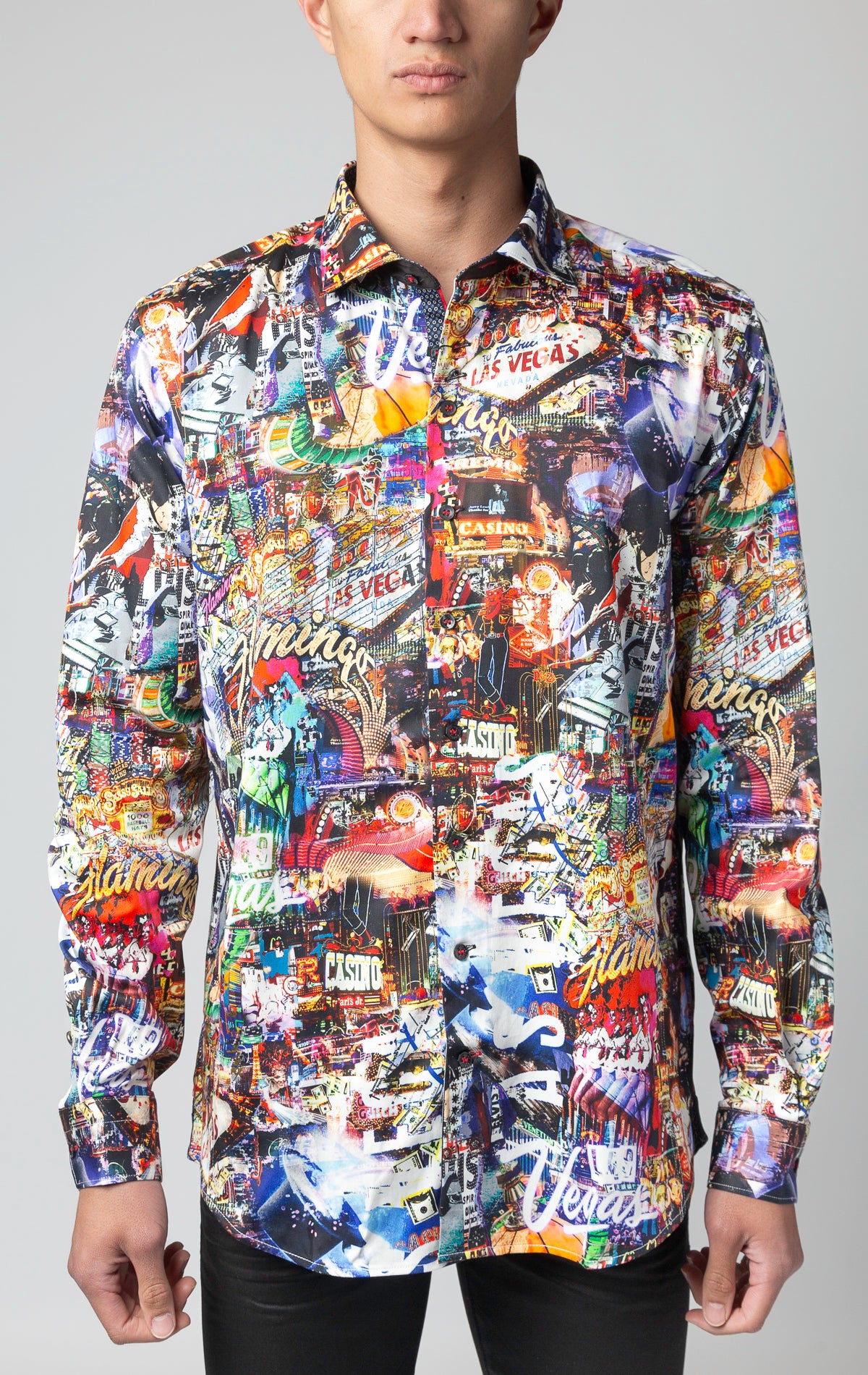 Bellagio Long Sleeve Shirt, Men's casual dress shirt with contrasting patterns, multiple embroidery details, and elegant ceramic buttons, made of 98% cotton and 2% Spandex.