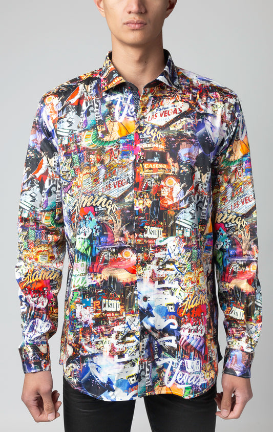 Bellagio Long Sleeve Shirt, Men's casual dress shirt with contrasting patterns, multiple embroidery details, and elegant ceramic buttons, made of 98% cotton and 2% Spandex.