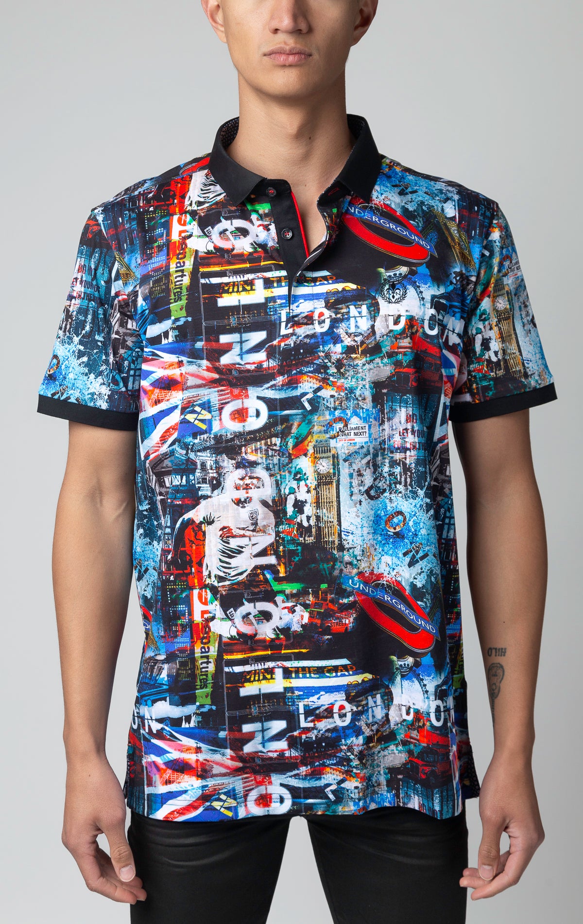  men's casual dress polo shirt . Featuring contrasting patterns and intricate embroidery details