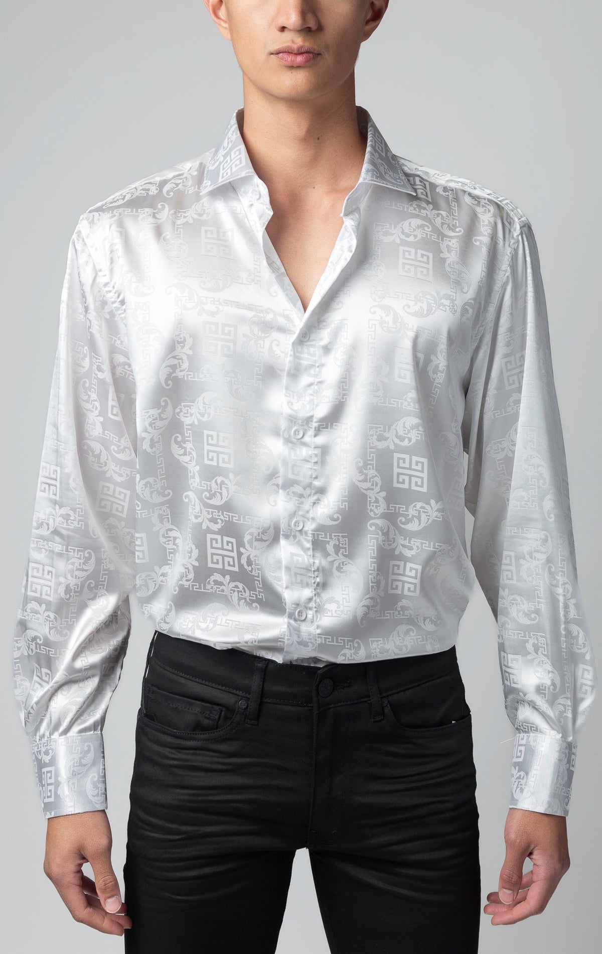 Greek key long sleeve dress shirt with white shine.
