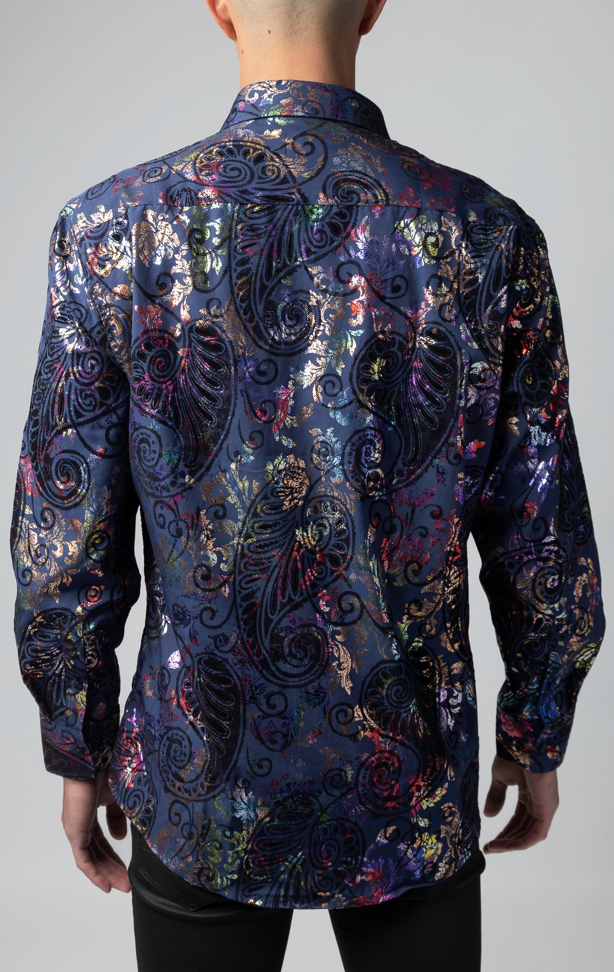  long sleeve dress shirt featuring a captivating multicolor velvet paisley design