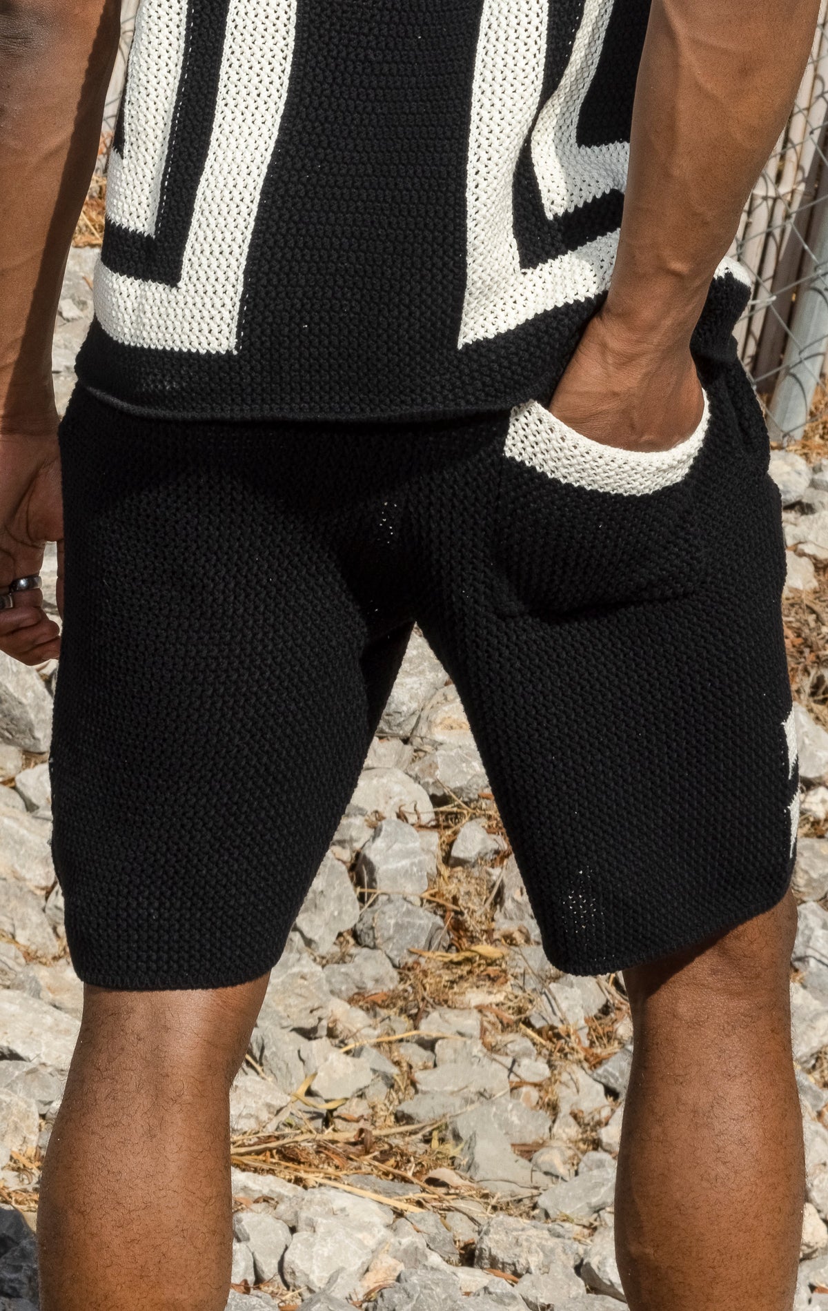 Black and white Crochet Summer Set. Includes a button-up shirt and shorts, both made from 100% cotton crochet knit fabric.