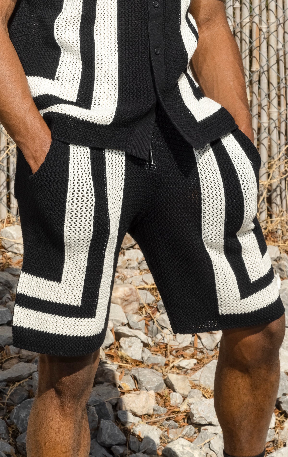 Black and white Crochet Summer Set. Includes a button-up shirt and shorts, both made from 100% cotton crochet knit fabric.