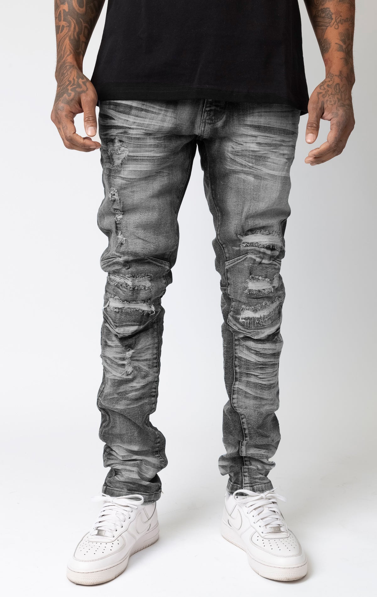 Grey Washed up slim fit denim jeans, rip and repair style.