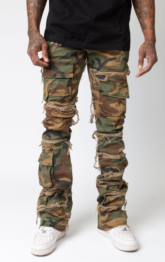 Camo pants with premium stretch, 2% spandex, and premium leather waist label, featuring a button fly