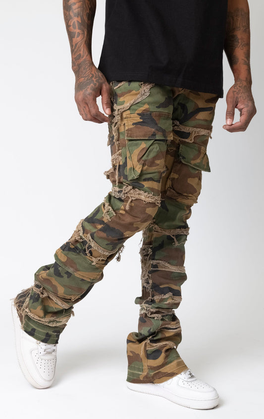 Camo pants with premium stretch, 2% spandex, and premium leather waist label, featuring a button fly