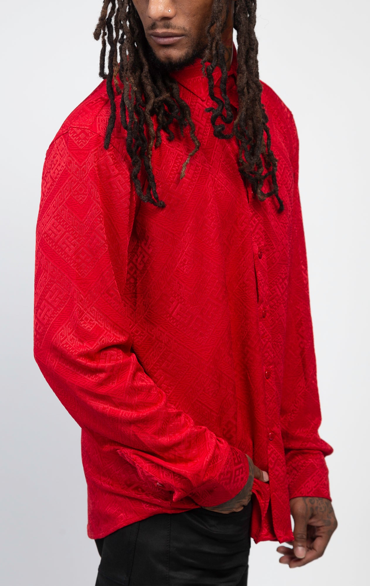 Red stylish and comfortable slim-fit long-sleeve shirt featuring a soft and breathable fabric, an eye-catching all-over seamless pattern, and a versatile design.