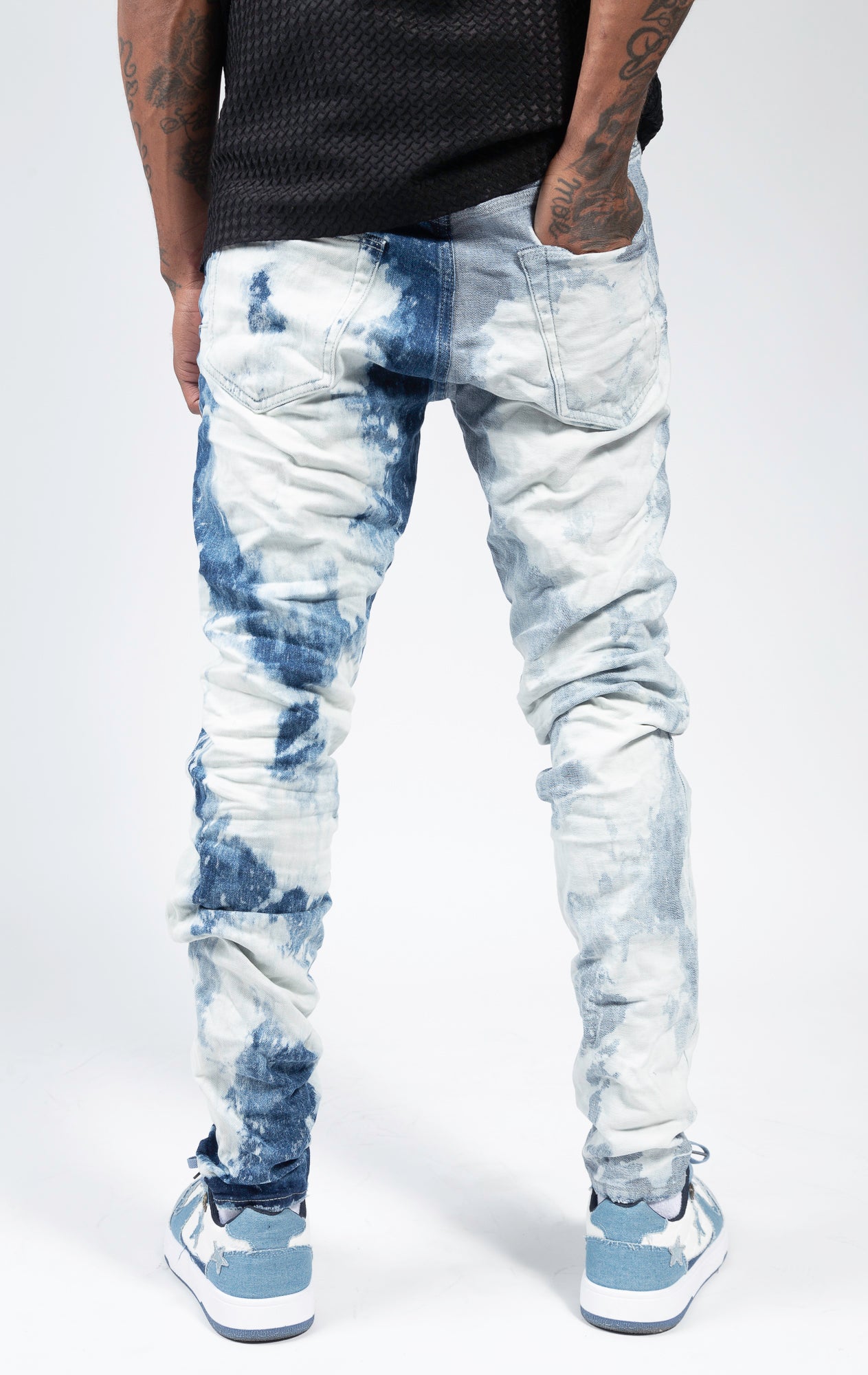 Two-tone indigo denim with contrasting bleached accents.