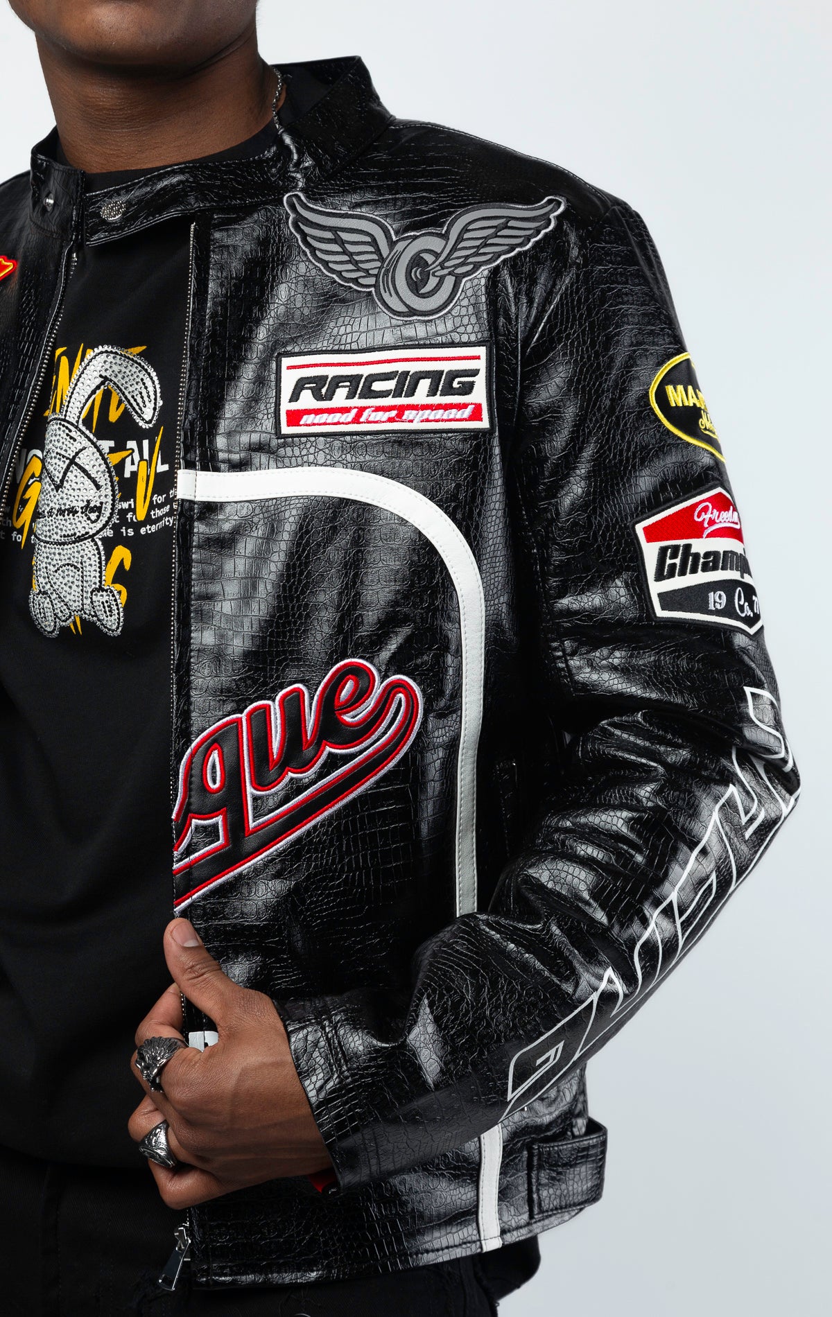Black Leather motorcycle jacket featuring a bold 