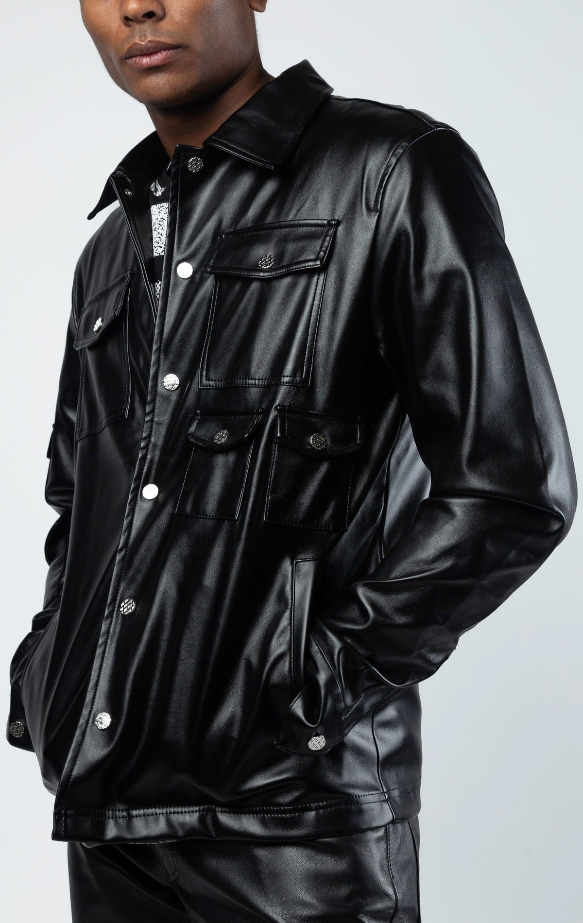 Black multi pocket leather jacket 