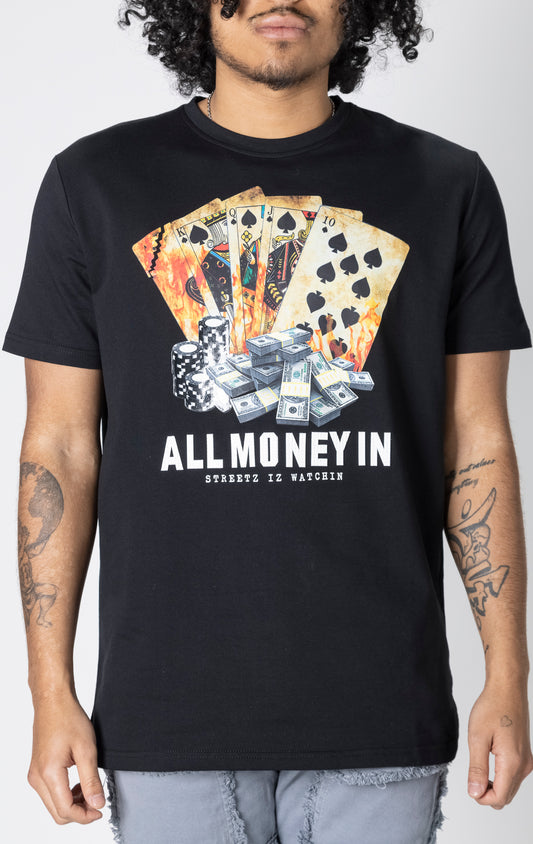 Black t-shirt with "All Money In" graphic.