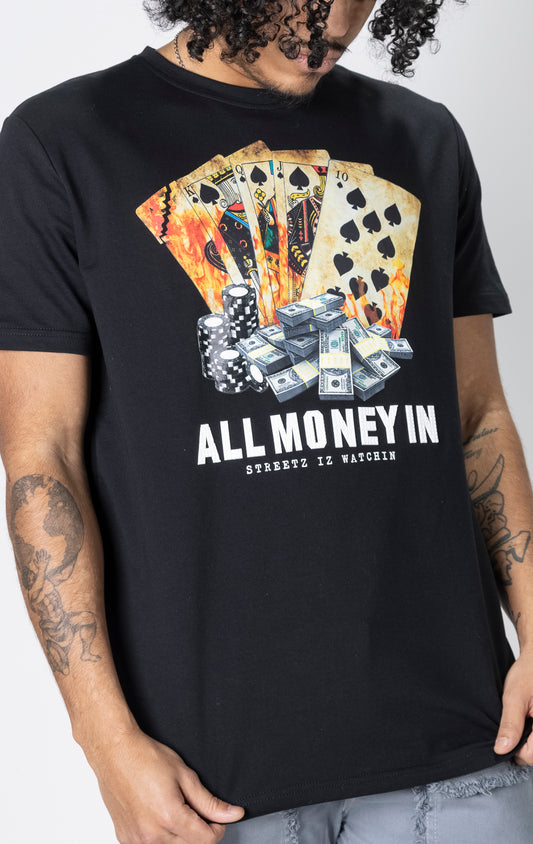 Black t-shirt with "All Money In" graphic.