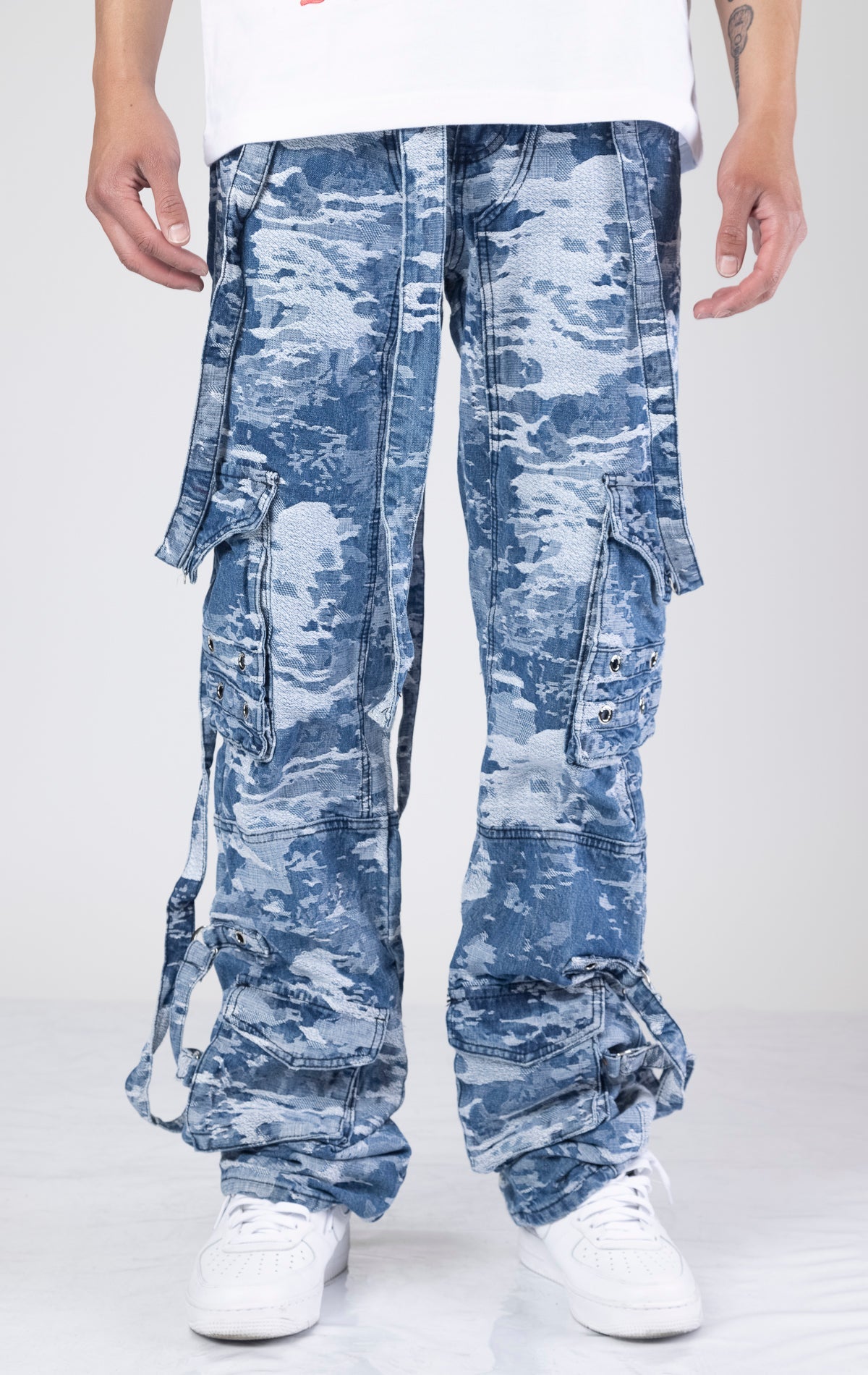 Aqua blue distressed raver cargo premium denim. 