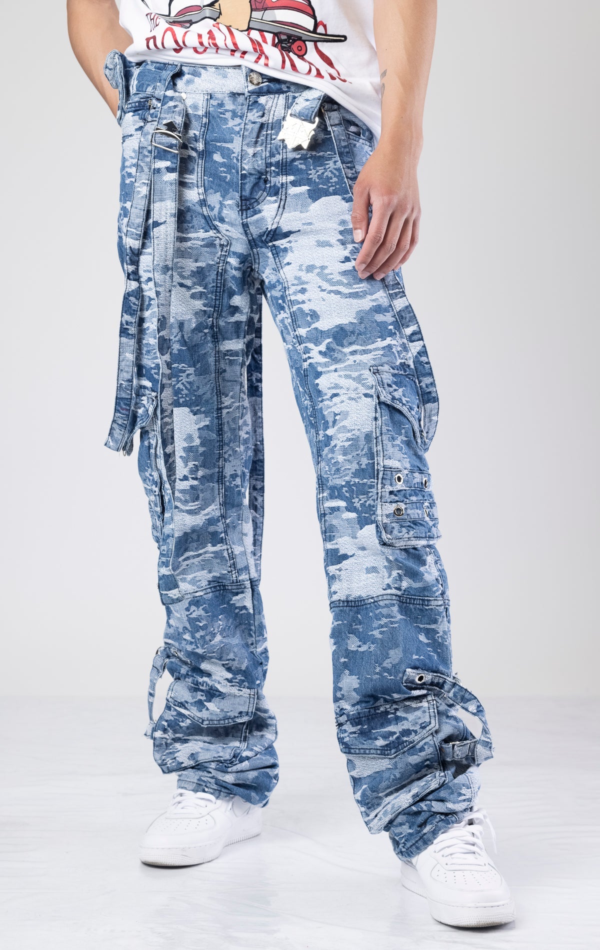 Aqua blue distressed raver cargo premium denim. 