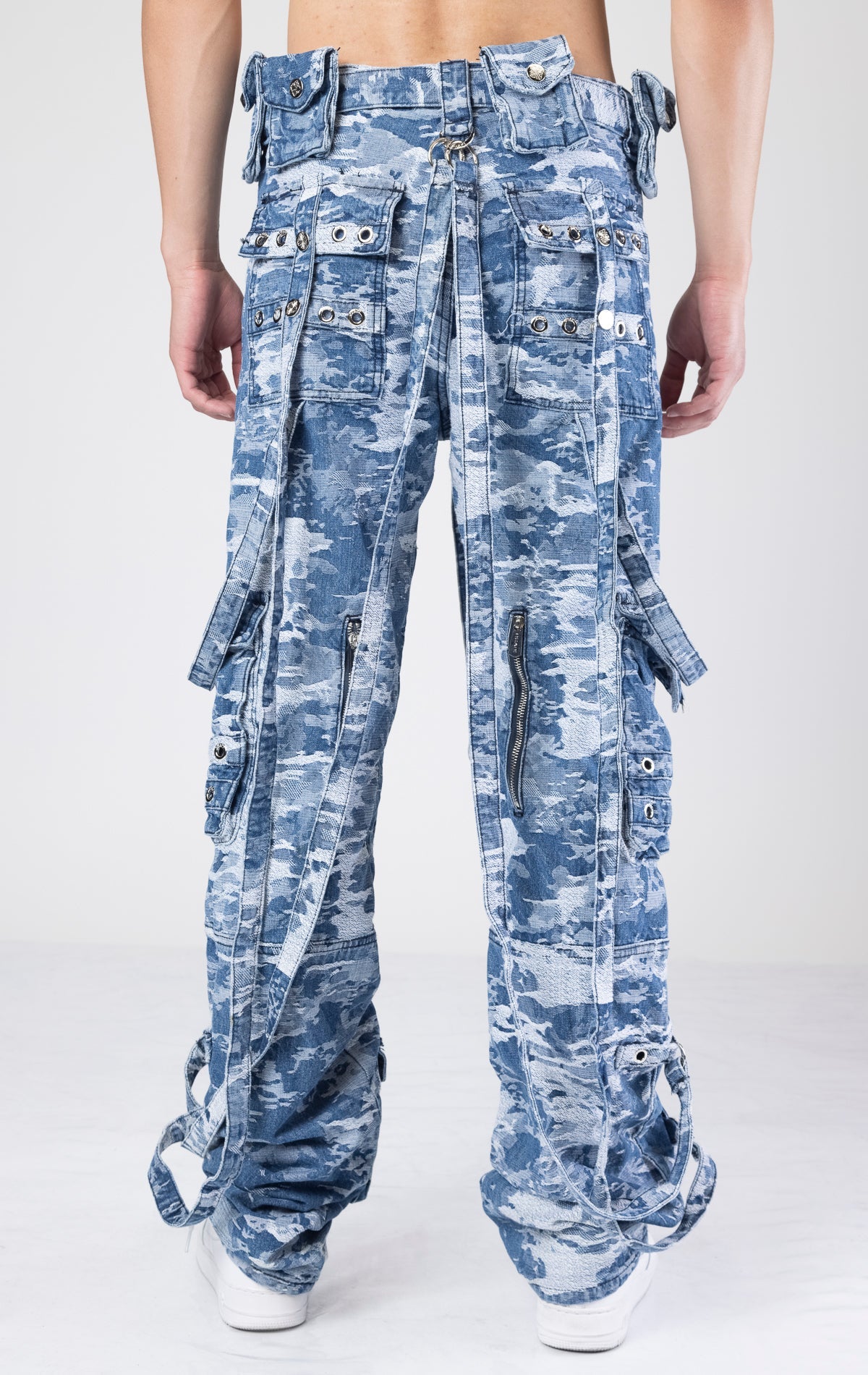 Aqua blue distressed raver cargo premium denim. 